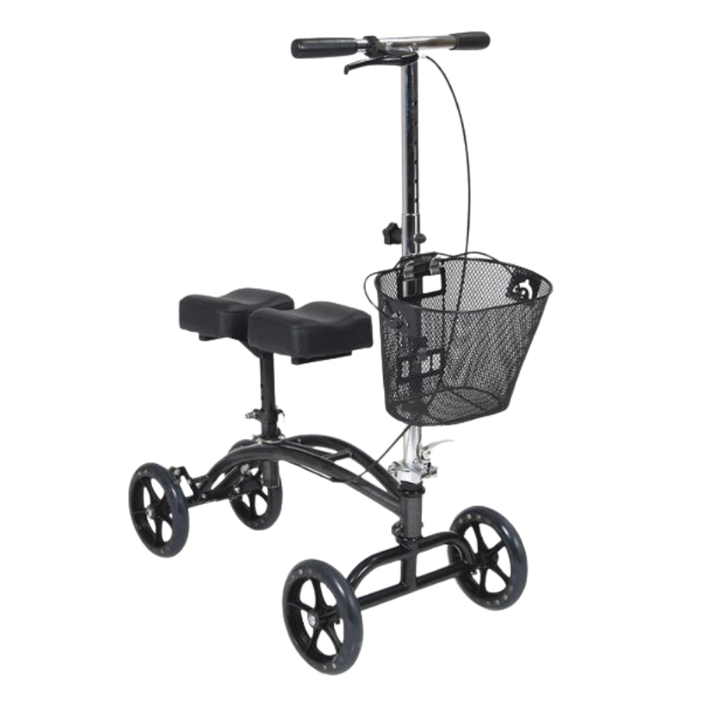 Knee scooter rental with adjustable knee platform, handlebars, and storage basket for individuals recovering from foot, ankle, or lower leg injuries.