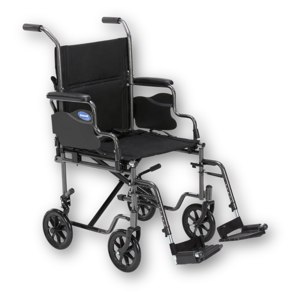 Lightweight transport wheelchair rental designed for caregiver-assisted transportation with compact wheels and easy folding design.