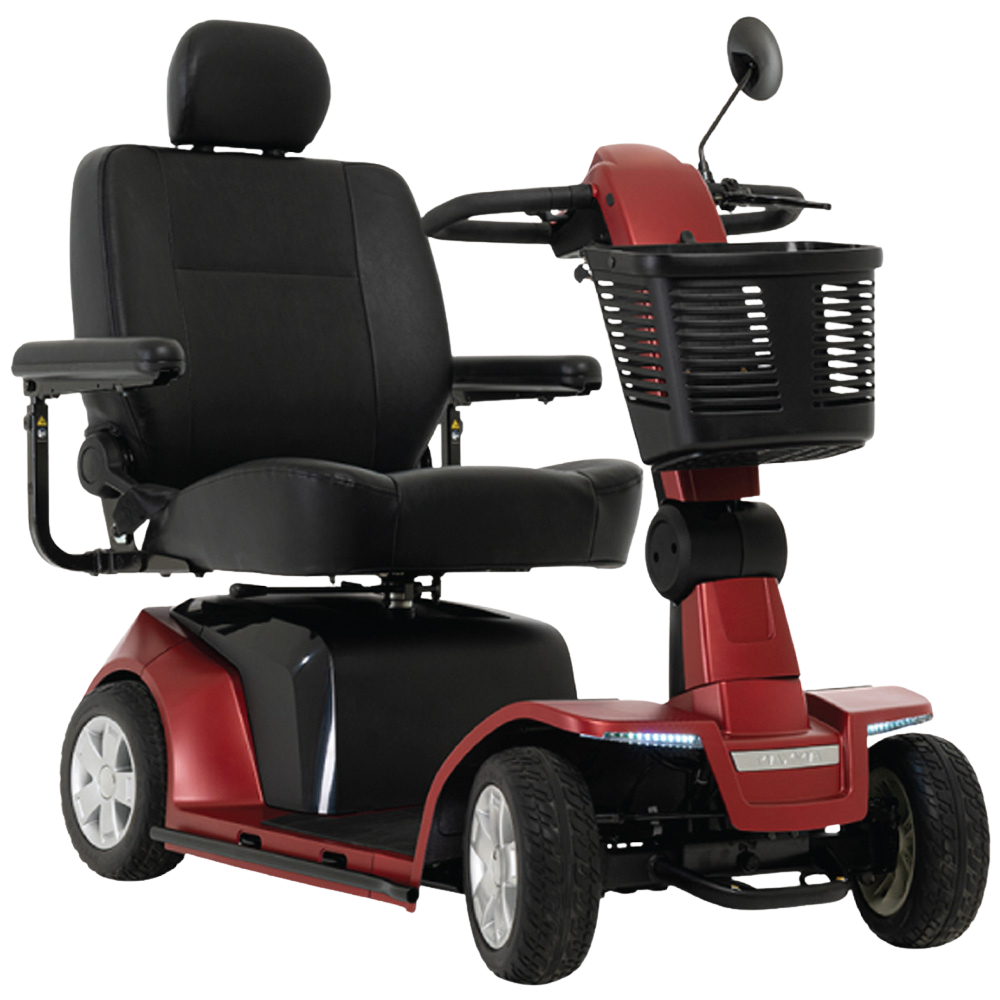 Pride Maxima full-size mobility scooter rental with captain's seat, high weight capacity, and extended battery range for comfortable daily transportation.