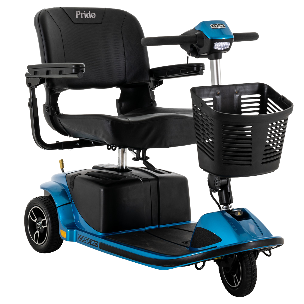 Pride Revo 2.0 mid-size mobility scooter rental offering a balance of comfort, maneuverability, and outdoor performance.