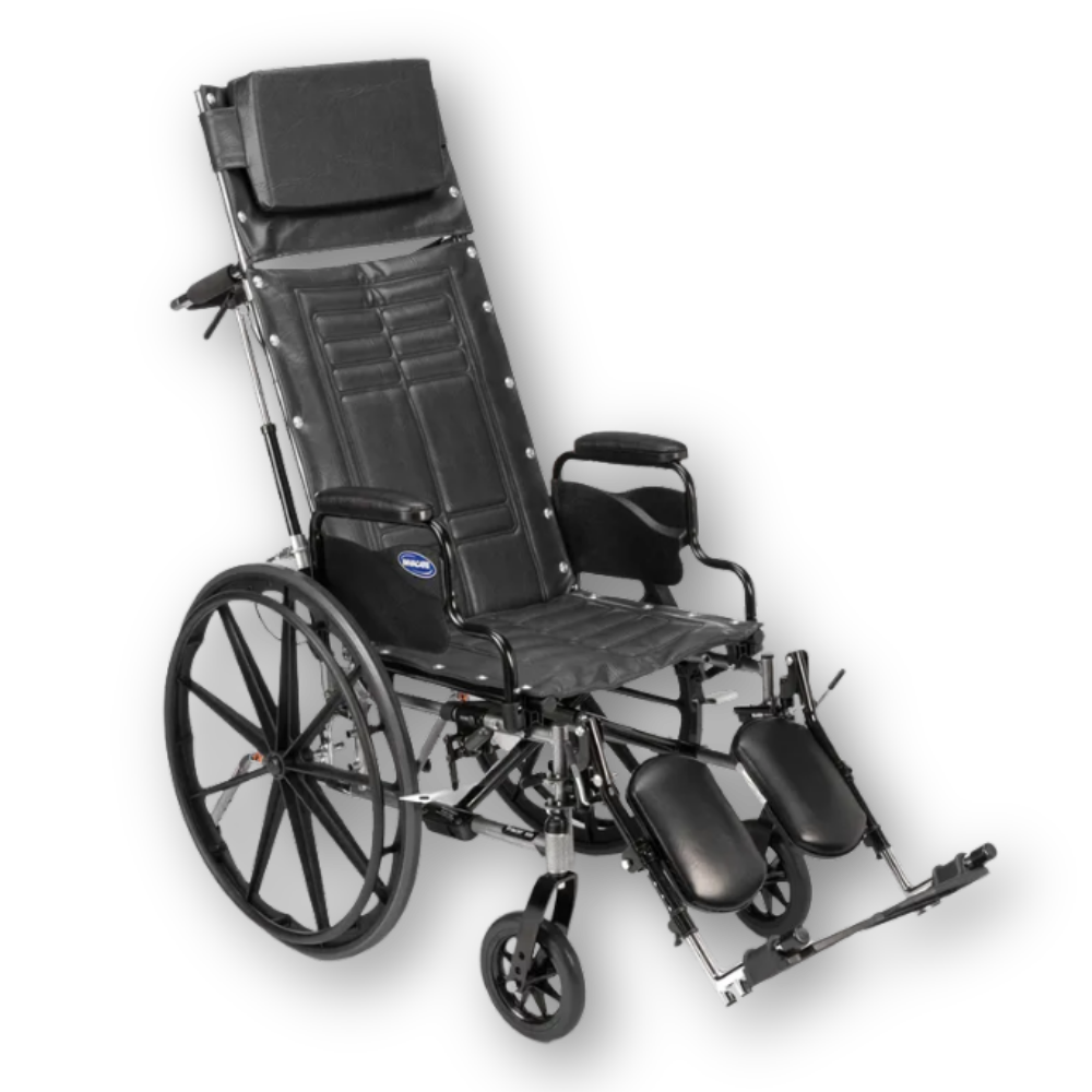 Reclining manual wheelchair rental featuring an adjustable backrest and elevated leg rests for increased positioning and comfort.