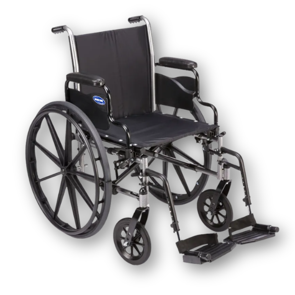Standard manual wheelchair rental with swing-away footrests and large rear wheels for self-propelled or caregiver-assisted mobility.
